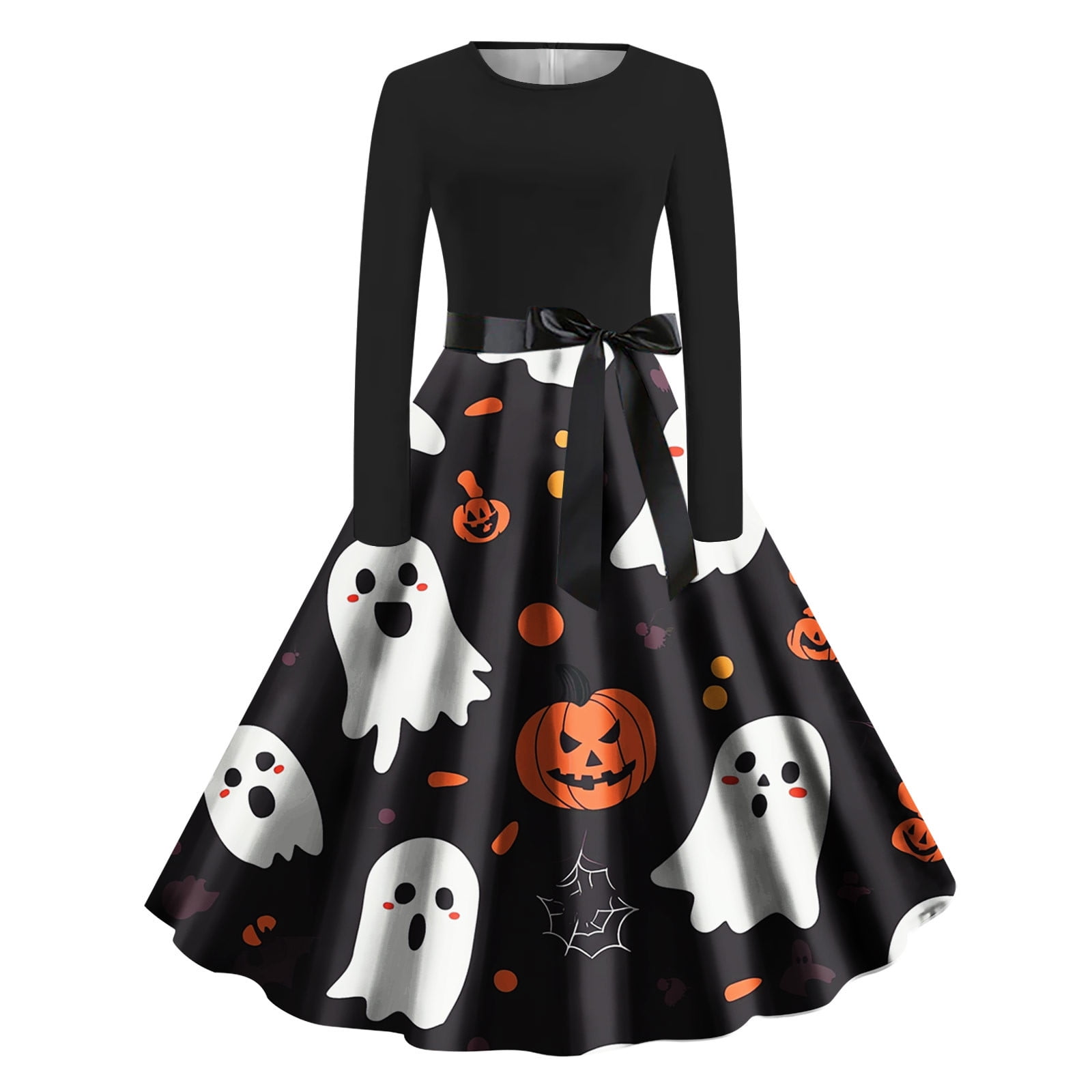 Costeam Womens Halloween Moon Bat Pumpkin Print Swing Dress Vintage No Pocket Satin Bow Belt Cinched High Waist Long Sleeve Flared Retro Midi Outfit