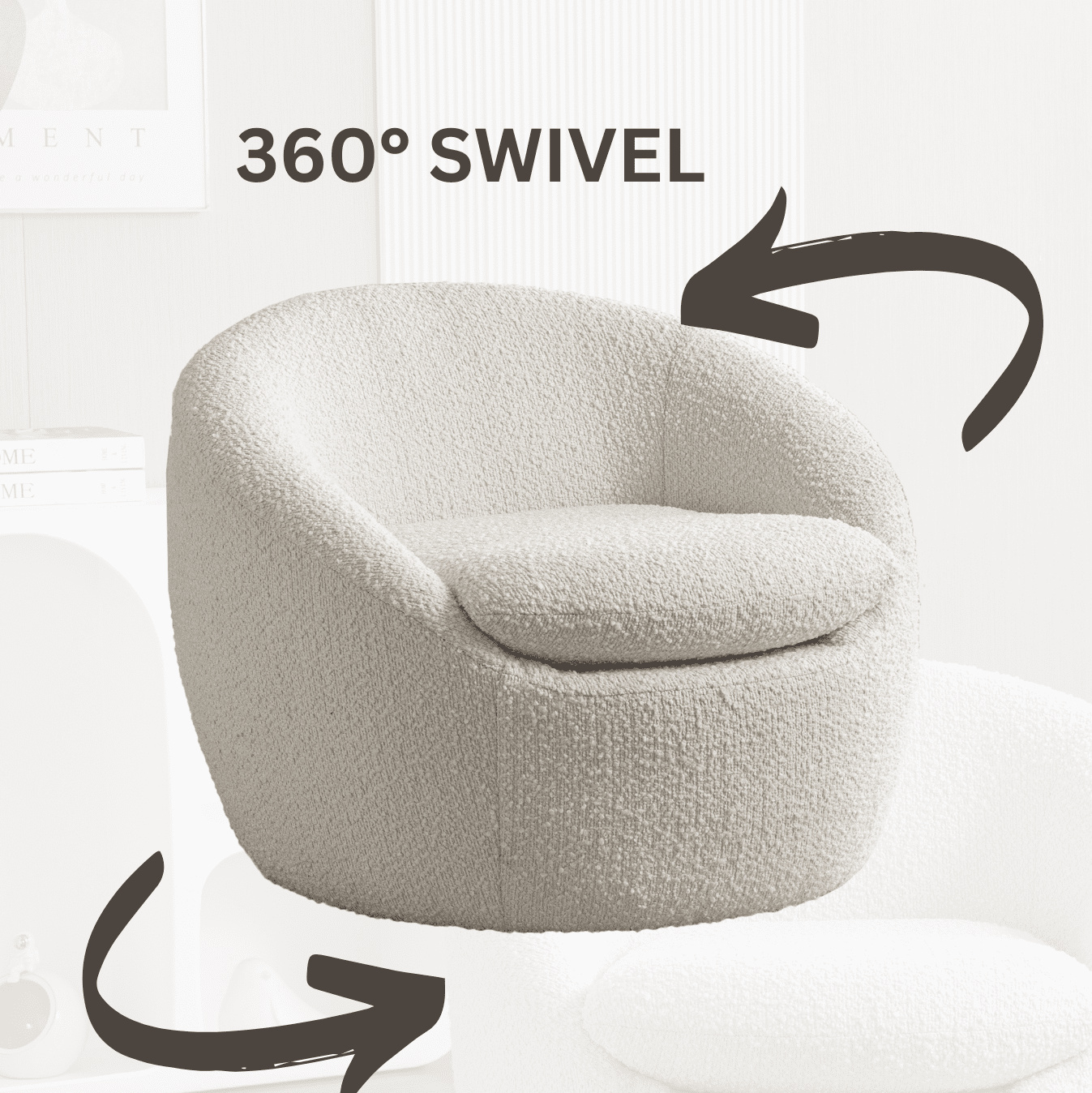 Roundhill Furniture Winnie Modern Teddy Boucle Fabric Barrel Chair, 360 Degree Swivel, White