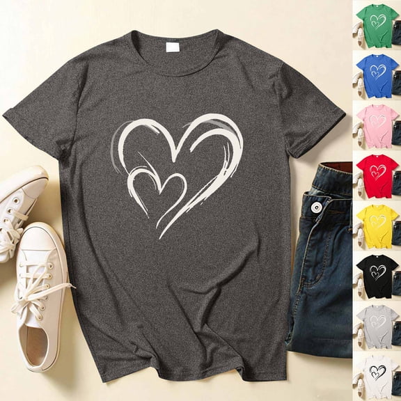 PNTUTB Fashion Versatile Women's Valentine's Day Print Casual Crew Neck Short Sleeve Comfort Loose T Shirt