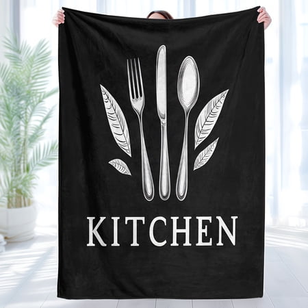1pc Suige Home Kitchen-Themed Flannel Throw Blanket - Black & White Cooking Design with Utensils & Kitchen Text Soft All-Season Couch Bedspread for Home Camping Housewarming Gift - Machine Washabl