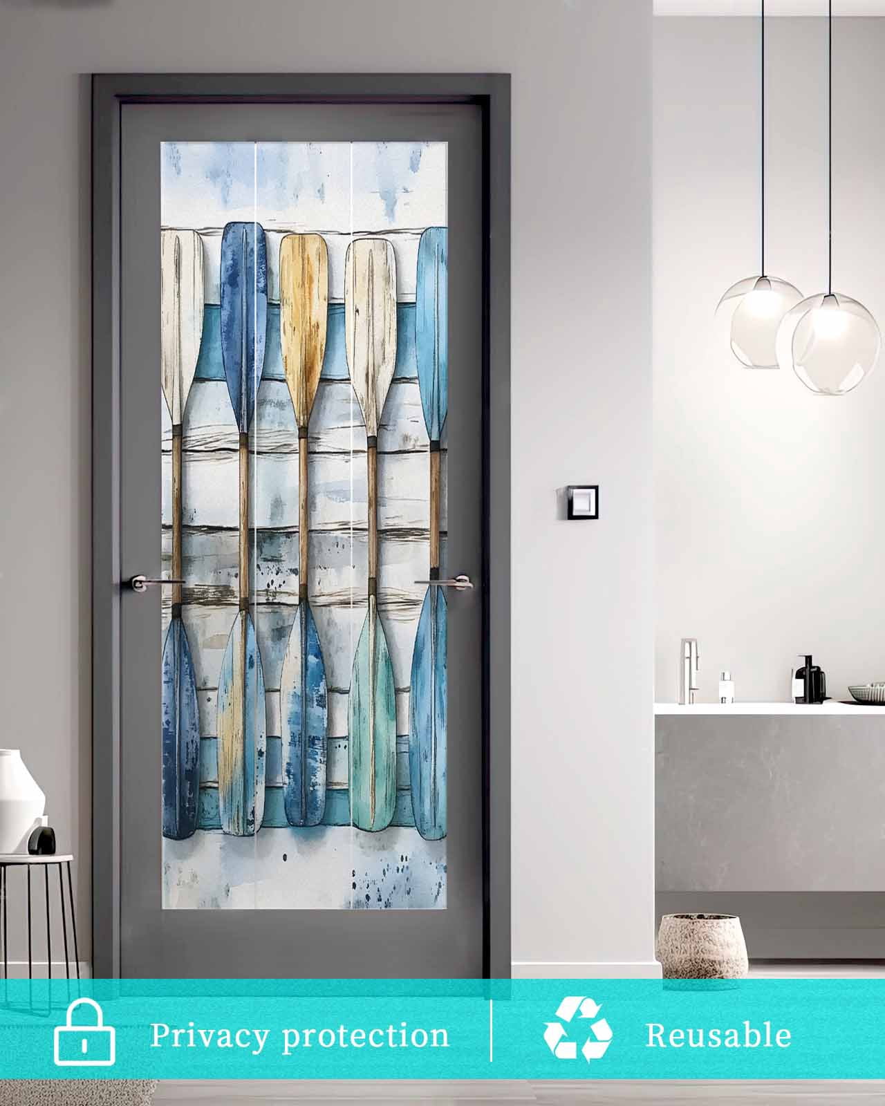 Window Privacy Film Lake Paddle Striped Stained Glass Window Film Decorative Sun Block Window Cover Watercolor Vintage Wood Grain Window Clings Static Adhesive Sticker for Bathroom 23.6"x59"