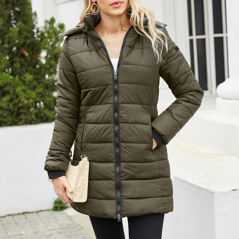 Cyber and Monday Deals Dianli Womens Winter Lightweight Jacket Solid Hooded  Outdoor Padded Loose Fit Puffer Outerwear Open Front Medium Length