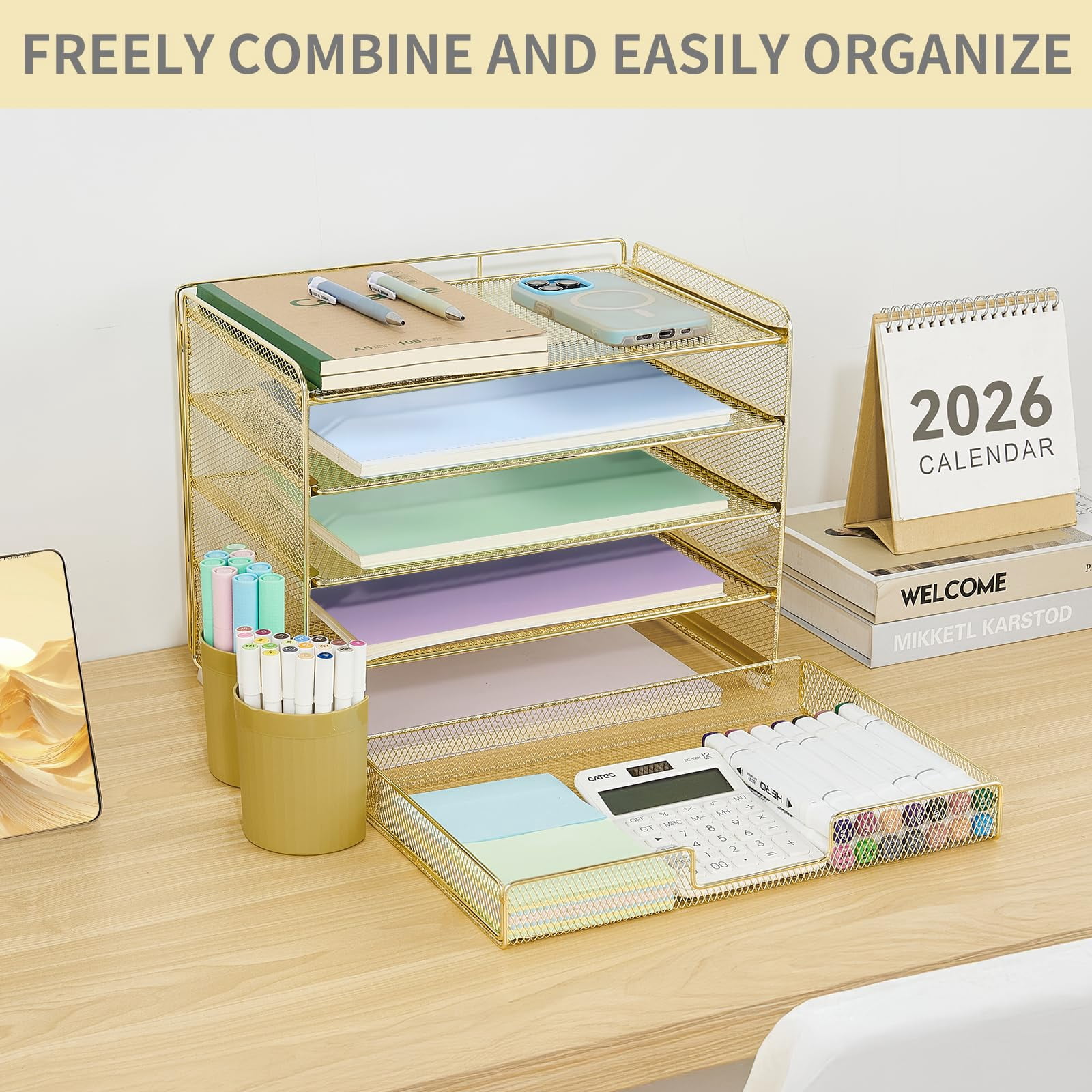 Desk Organizers And Accessories  5-tier Paper Letter Tray Organizer With Drawer & 2 Pen Holders Desktop For Office Supplies (gold)