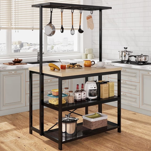 43" Large Kitchen Island Bakers Rack Microwave Oven Stand Shelf with 3 Tier Storage, Metal Coffee Bar Table,Kitchen Storage for Dining Living Room, 5 Hooks, 43.7 * 27.9 * 72