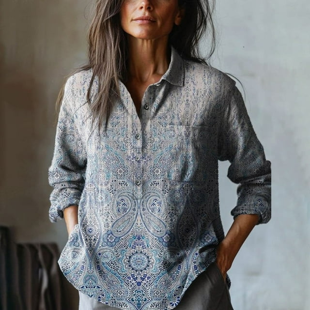 Chemises pour Femmes Seductiva Rabais de 50 % Liquidation Chemise en Coton Confortable à Manches Longues Décontractée à Imprimé d'Art Floral Rétro pour Femmes