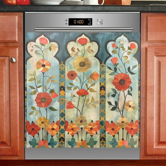 Moroccan Flowers Dishwasher Magnetic Refrigerator Magnet Cover Kitchen Art Panel Decal Sticker Home Decorative 23"x26"