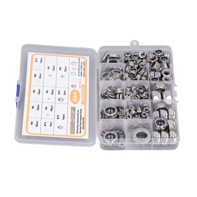 Kit de Rondelles, Tailles Standard Traitement Fin 304 Acier Inoxydable Écrous de Verrouillage en Nylon pour les Projets de Bricolage pour les Réparations Électroniques