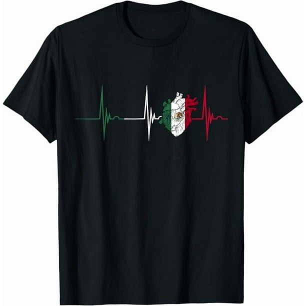 Camiseta 100% algodón con corazón de México, bandera de México, latido del corazón, electrocardiograma, pulso, orgullo mexicano