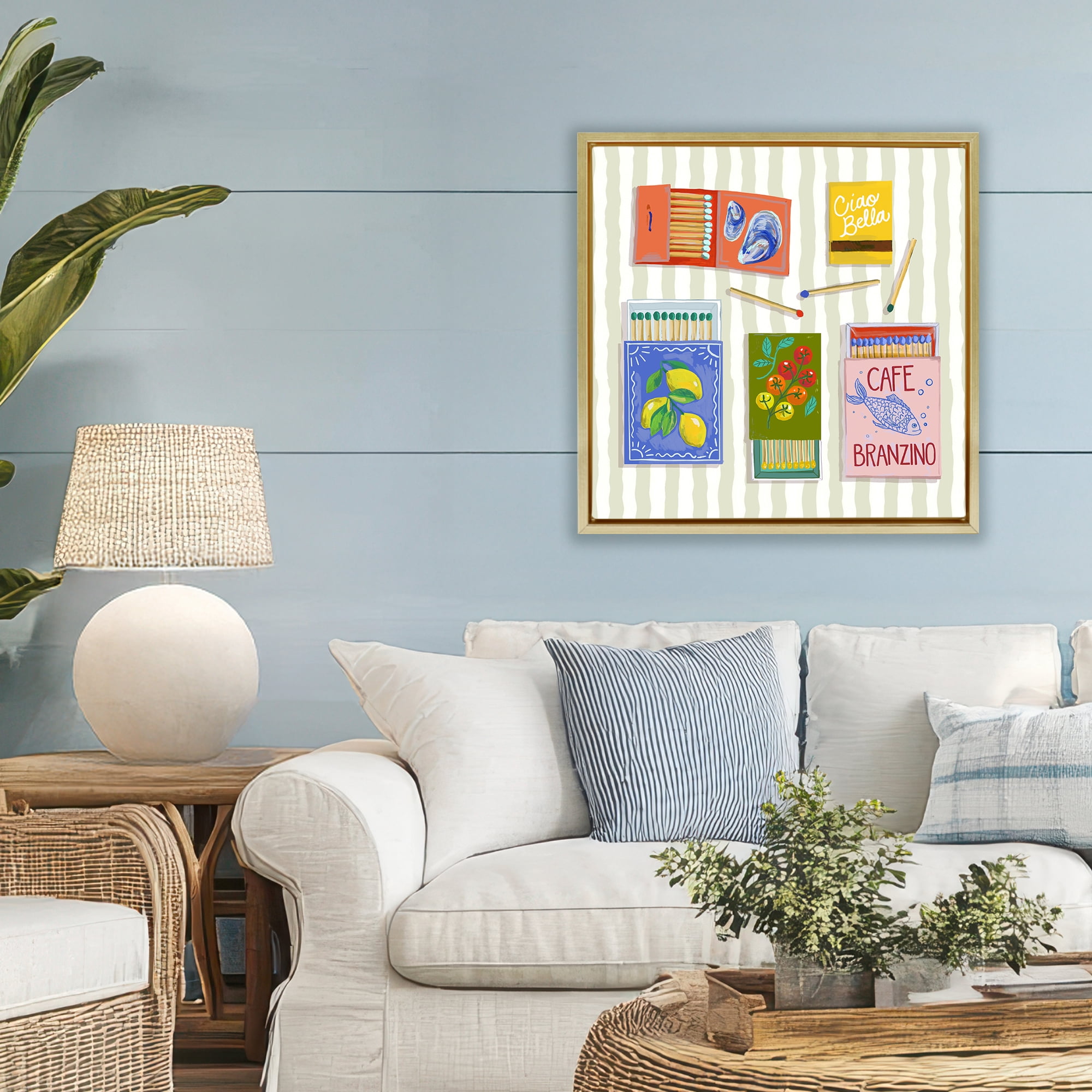 Stupell Industries Ciao Bella Seaside Matchboxes Gold Framed Floater Canvas Wall Art, design by Rachel Nerney