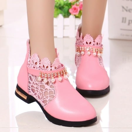 

HAXMNOU Girls Mesh Lace Shoes Fashion Mesh Lace Ankle Boots Non Slip Breathable Boots Pink