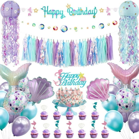 Mermaid Birthday Party PriNst Decorations Supplies Banner Tassel Garland Garland Hanging Jelly Fish Paper Lanterns Balloons Cake Topper Mermaid Happy Birthday Decorations for Kids Girls Women