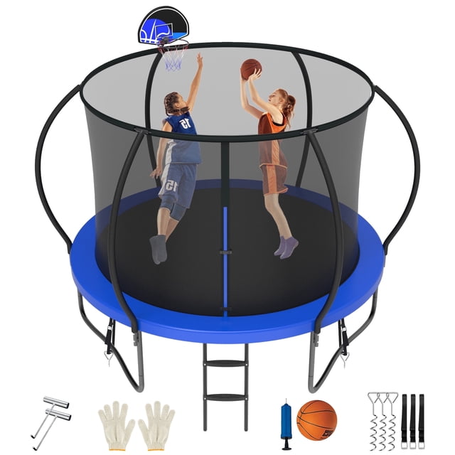 Jump Into Fun Trampoline 10FT, Trampoline for Kids and Adults with Enclosure, Basketball Hoop, Wind Stakes and Ladder, 1000LBS Capacity for 3-4 Kids, Outdoor Galvanized Full Spray Round Trampoline