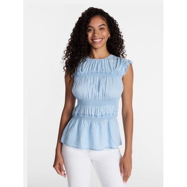 Time and Tru Women's Sleeveless Smocked Top with Ruffle Trim, Sizes XS-XXXL