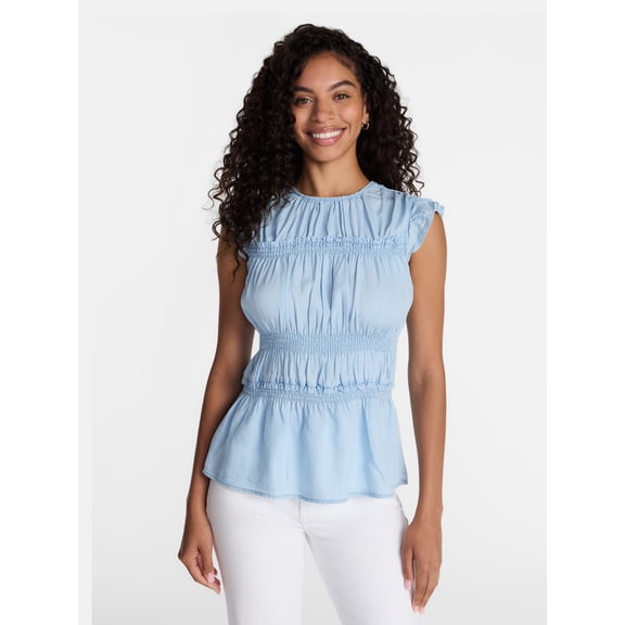 Time and Tru Women's Sleeveless Smocked Top with Ruffle Trim, Sizes XS-XXXL
