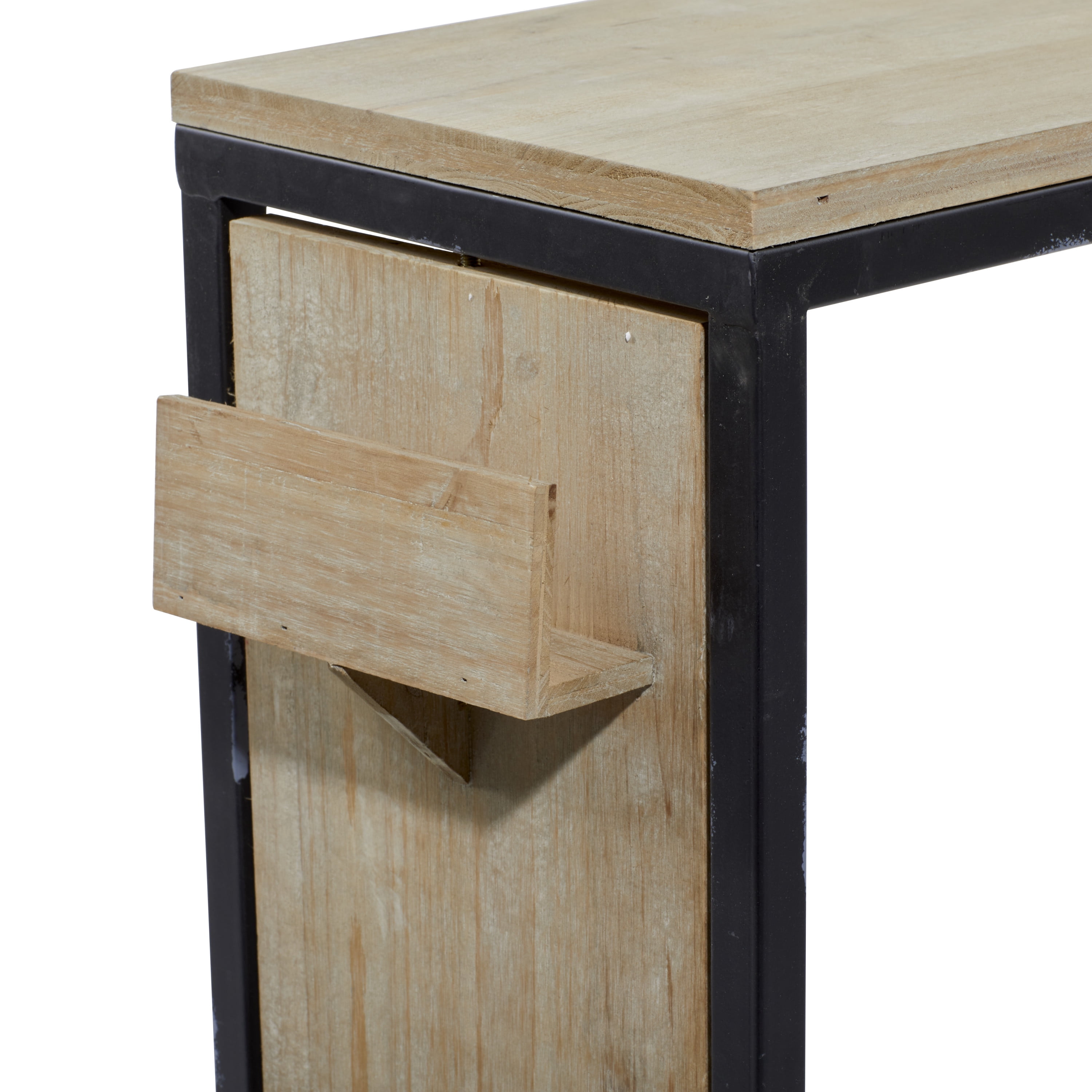 DecMode Wood Industrial C Shaped Accent Table with Storage Slots and Light Brown Finish, 20"W x 24"H