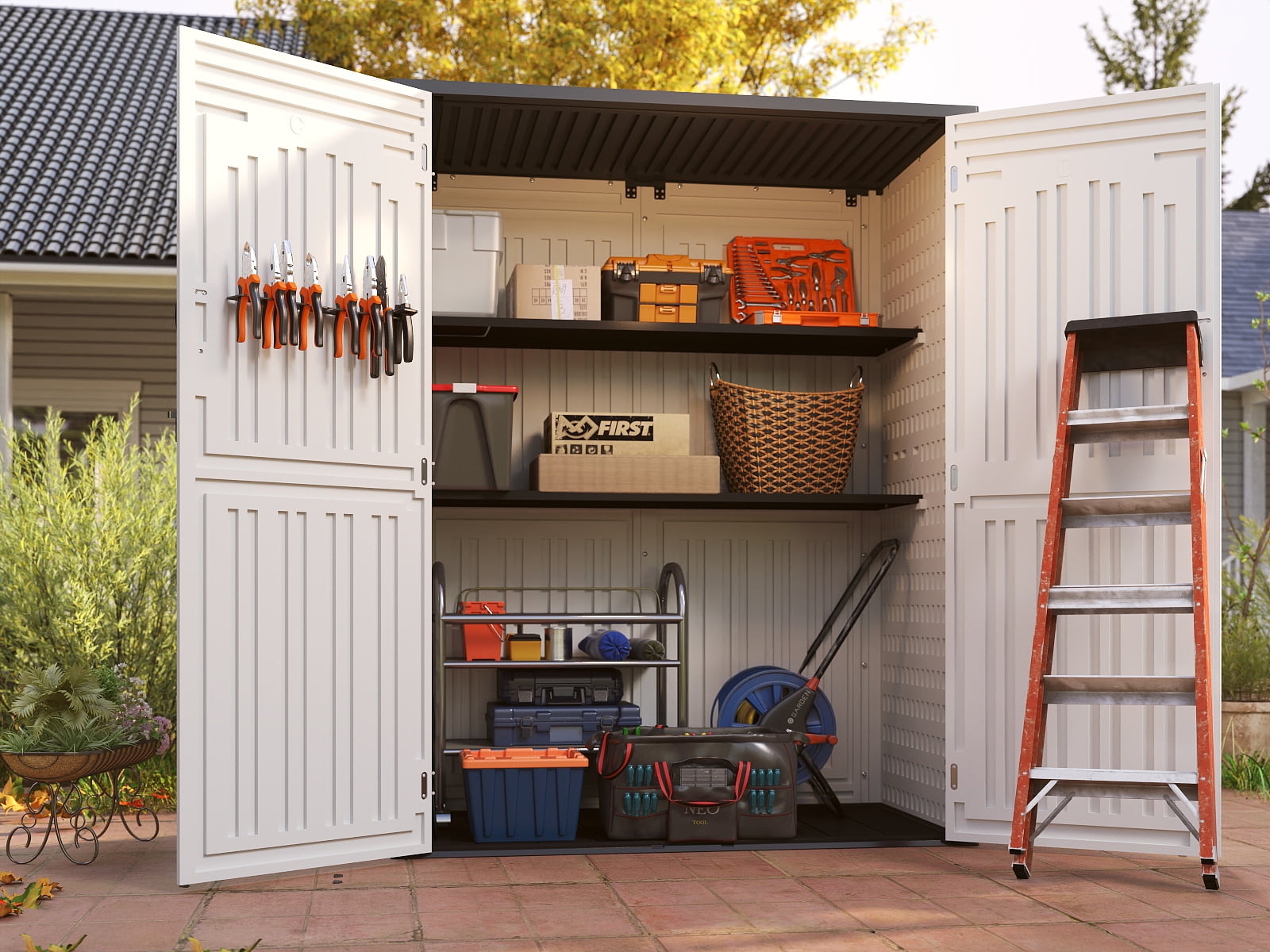 EHHLY Vertical Resin Storage Shed, 60 Cuft Garden Tool Sheds & Outdoor Storage, Plastic Outdoor Storage Cabinet Waterproof, 5.6 x 2.3 ft Backyard Outside Lawn Mower Storage Shed, White