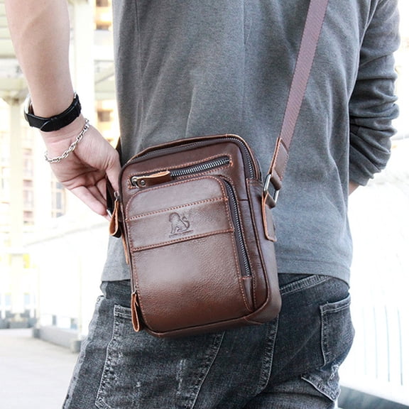 Cowhide Men's One-shoulder Diagonal Small Bag,Light Brown