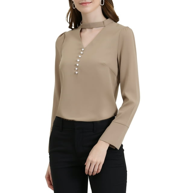 Blusa de cuello alto con abertura para mujer Inspire Chic, de manga larga, con botones en la parte delantera, color albaricoque, talla XL