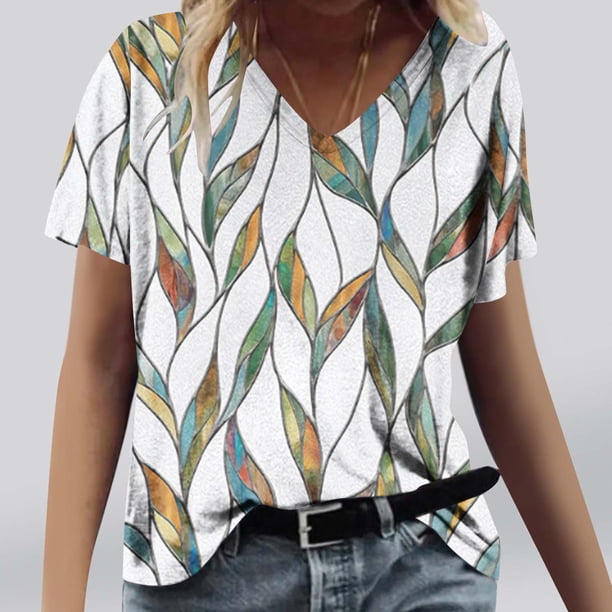 Fiudx Camisas de Mujer Moda Mujer Casual Cuello En V Blusa Sólida Manga Corta Camiseta Verano Tops