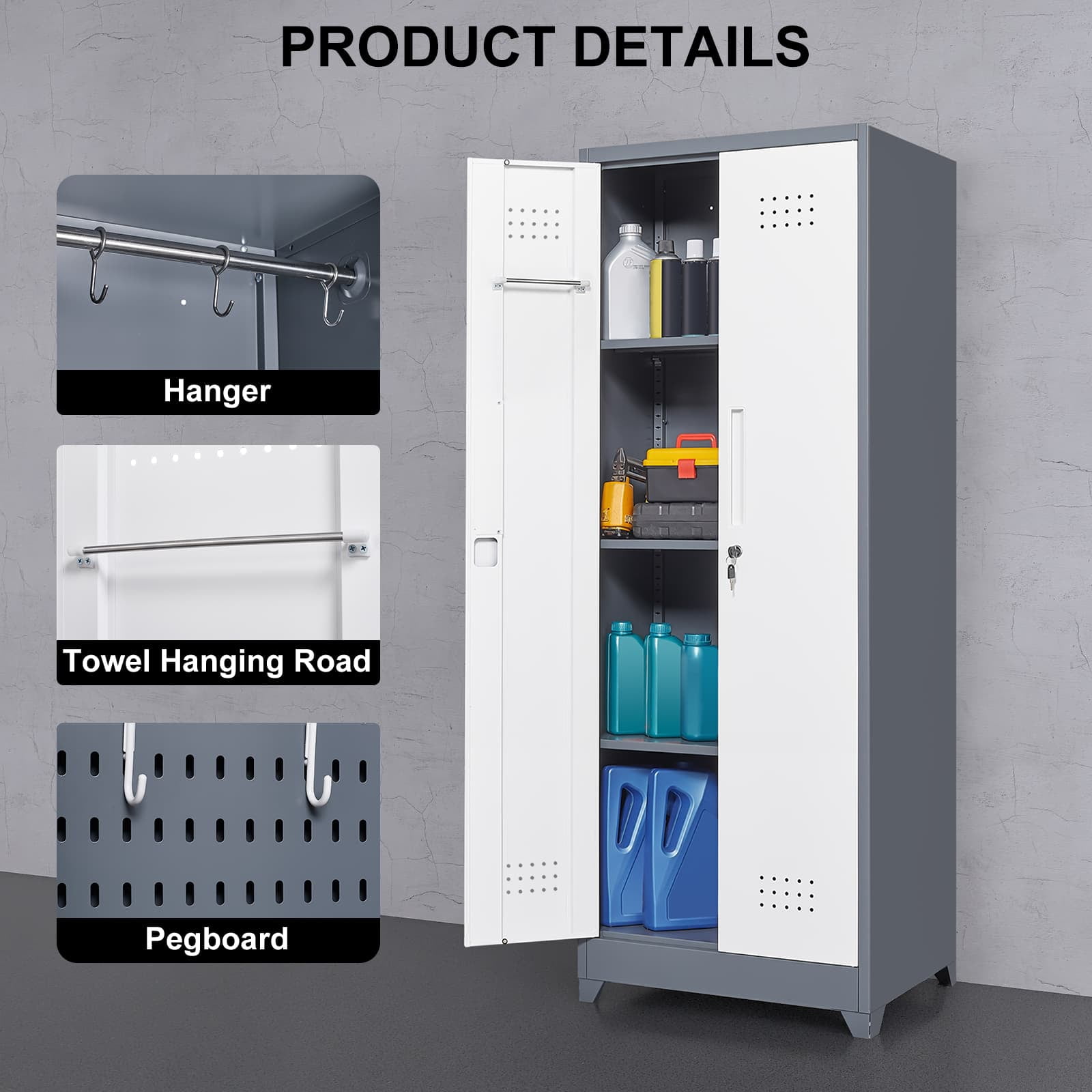 Aukfa 65" Metal Garage Storage Cabinets, Lockable Broom Closet Storage Cabinet with Shelves for Basement/Office/Laundry Room, White