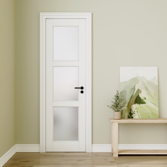 24" X 80" Frosted Glass 3-Lite Slab Solid Manufactured Wood Core Standard Door