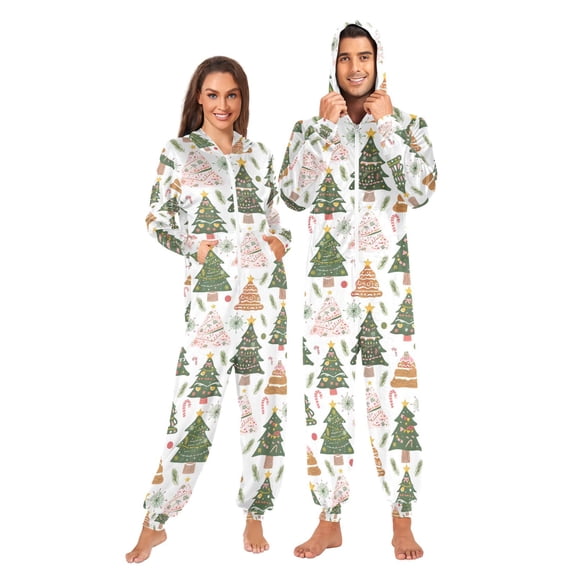Adult Christmas Onesie Christmas Tree Cake Sweet Adult Zipper One-Piece Pajamas Unisex Pajamas with Pockets