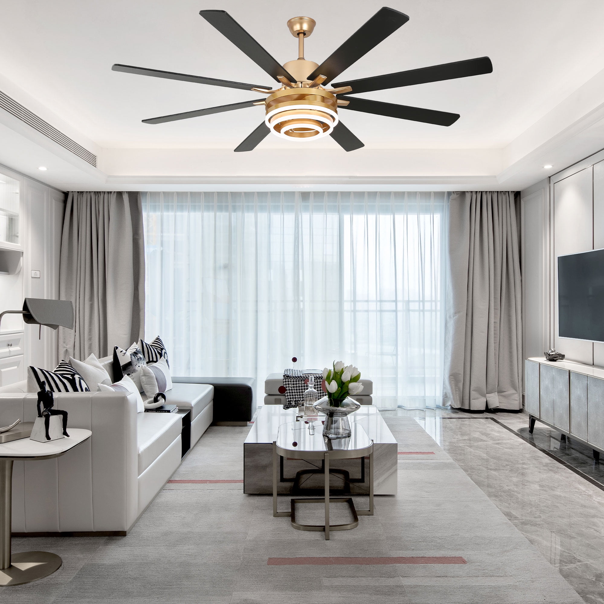 Bella Depot 72" Modern LED Gold Ceiling Fan 6-Speed Reversible DIY Shape Chandelier With Dimmable Light and Remote Control