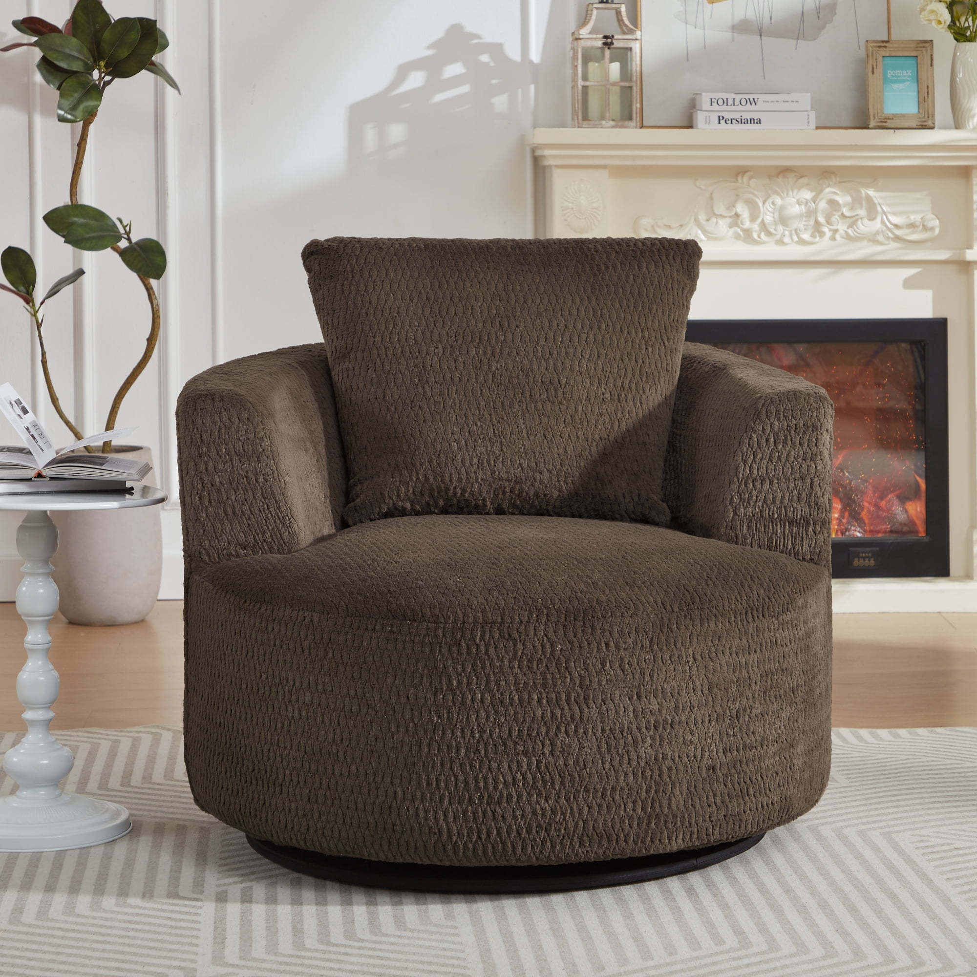 Swivel Accent Chair,360° Barrel Accent Chair,Modern Faux Fur Armchair for Living Room,Office,Apartment,Dark Brown