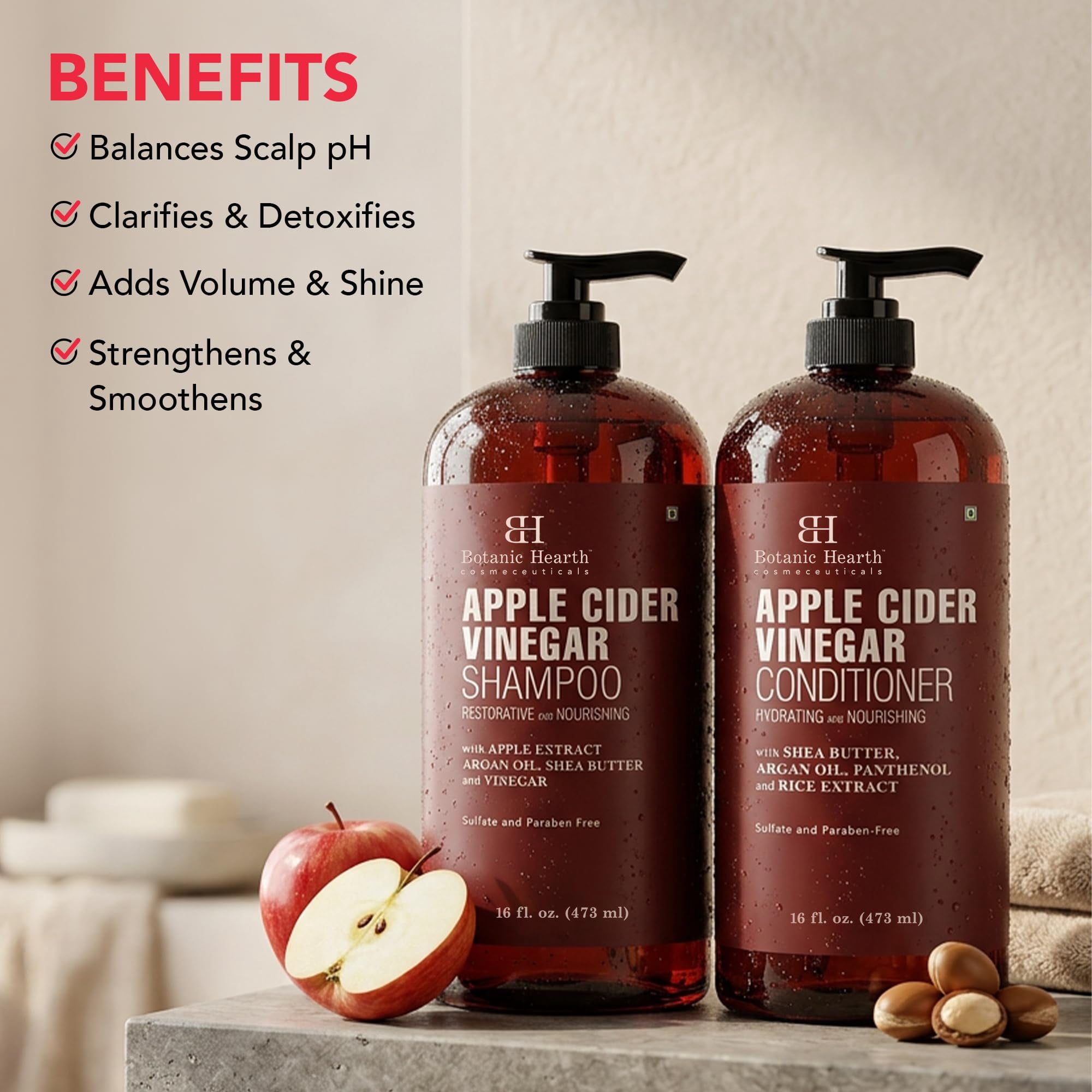 Botanic Hearth Apple Cider Vinegar Shampoo and Conditioner Set | Helps Dry Itchy Scalp, Dandruff, Frizz and Hair Loss | Color Safe, Sulfate Free Shampoo | All Hair Types, Men and Women, 16 fl oz each
