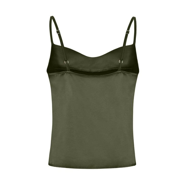 CLZOUD Women's Tank Tops Loose Fit Army Green Satin Women's Cowl Neck Satin Cami  Top Spaghetti Straps Adjustable Camisole Sleeveless Soft Tank Tops M 