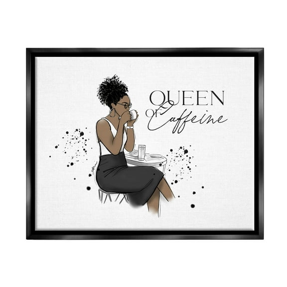 Stupell Industries Queen Of Caffeine Girl Graphic Art Jet Black Floating Framed Canvas Print Wall Art, Design by Alison Petrie