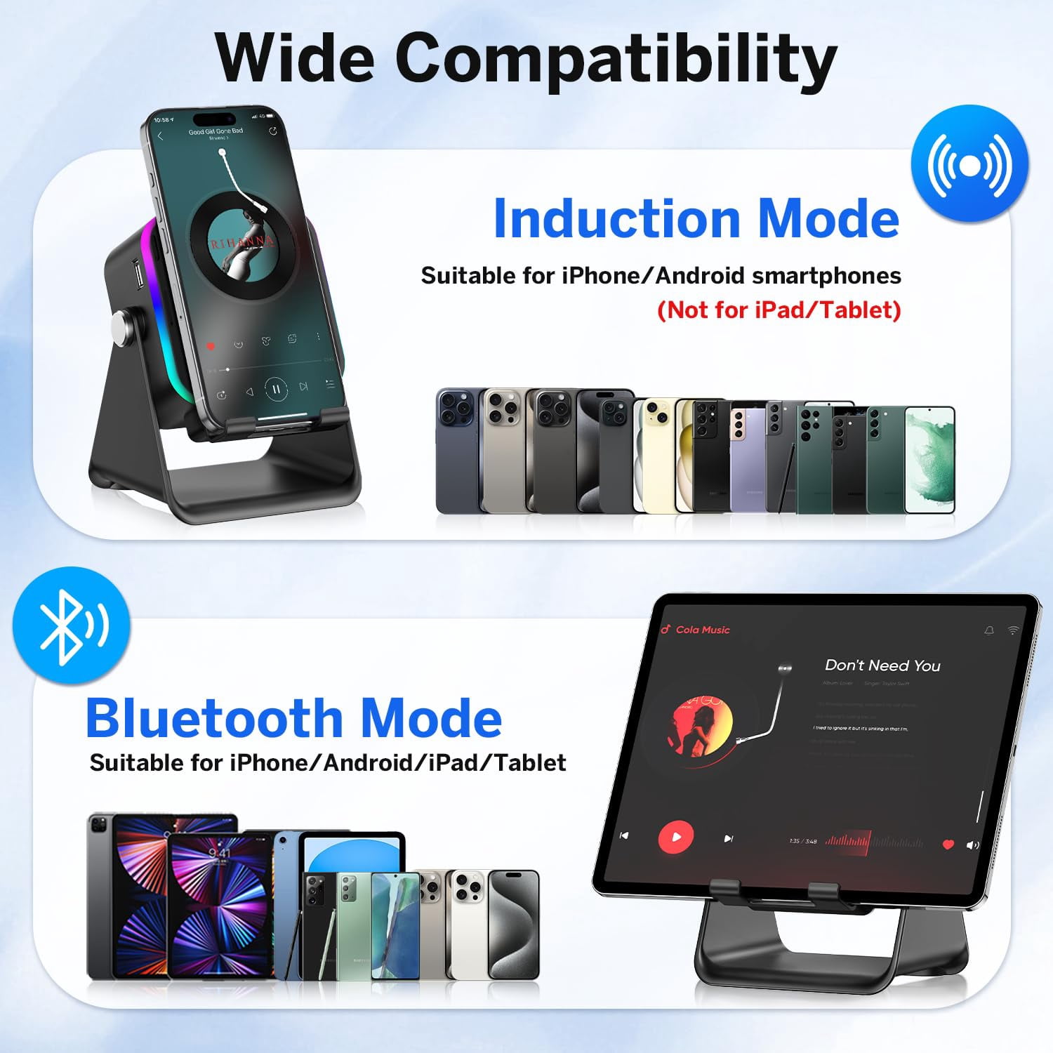 Wireless Induction Bluetooth Speaker 5-in-1 with Phone Stand, 360° Adjustable Holder, RGB Light, Rechargeable, for iPhone Android iPad, Black