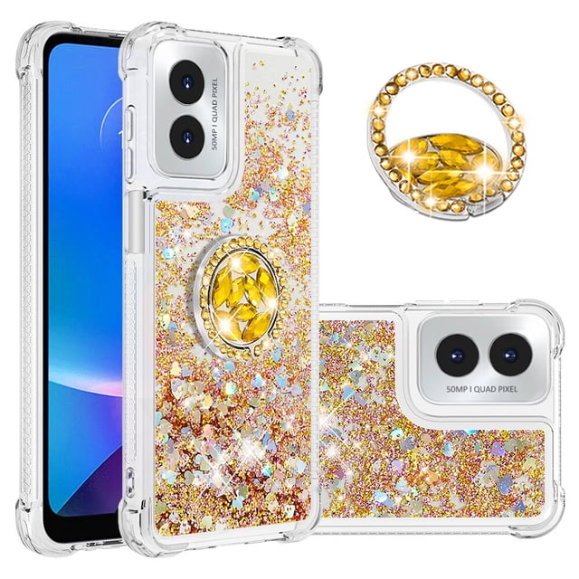 Funda para Motorola Moto G Play 4G 2024 con Brillo Líquido Flotante, Purpurina, Parachoques y Anillo Giratorio Soporte