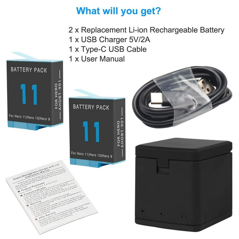 2 Pack Hero Rechargeable Battery Kit for GoPro Hero 11, Hero 10, Hero Black Camera with 3 Channels Battery Charging Station AHDBT-11-1 AHDBT-10-1 AHDBT-901 ADBAT-001 CHDHX-111-FW CHDHX-901-MX