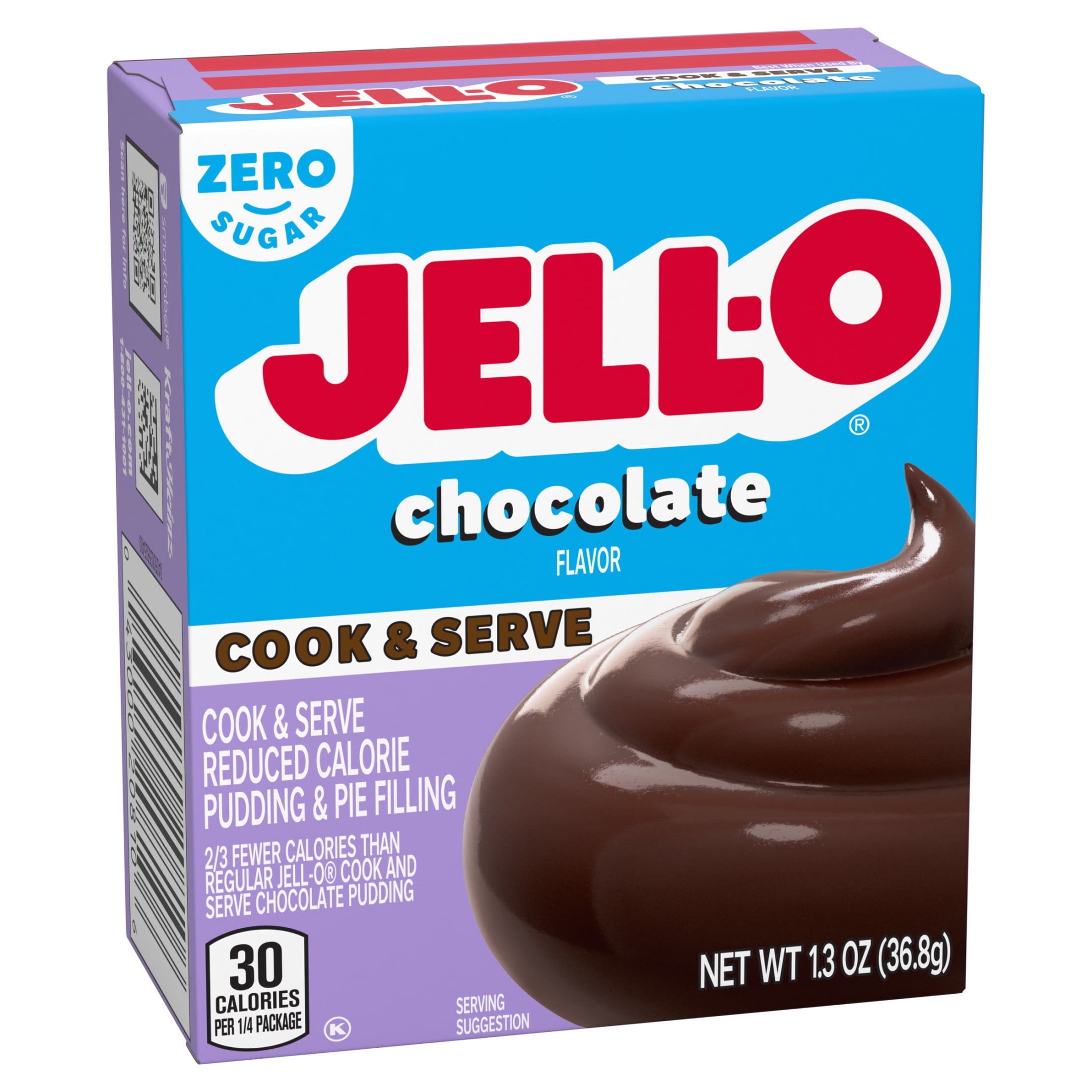 (24 pack) Jell-O Chocolate Flavor Zero Sugar Cook & Serve Reduced Calorie Pudding & Pie Filling Mix, 1.3 oz Box