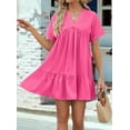 thumbnail image 5 of Summer Dresses for Women 2025 Vacation Short Sleeve V Neck Mini T Shirt Dress Pleated Ruffle Flowy Beach Rose Red S, 5 of 9