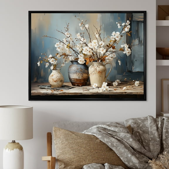 Designart "Still Life With Pottery And Florals I" Landscape Trees Floater Framed Canvas Art Print