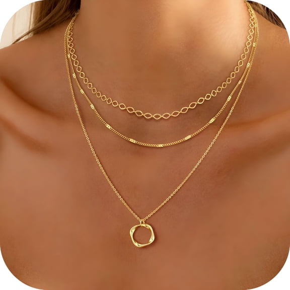 DESIGNICE 3 Layer 14K Gold/Silver Plated Necklaces Set for Women Dainty Stackable Circle Pendant Chain Perfect Jewelry Gifts