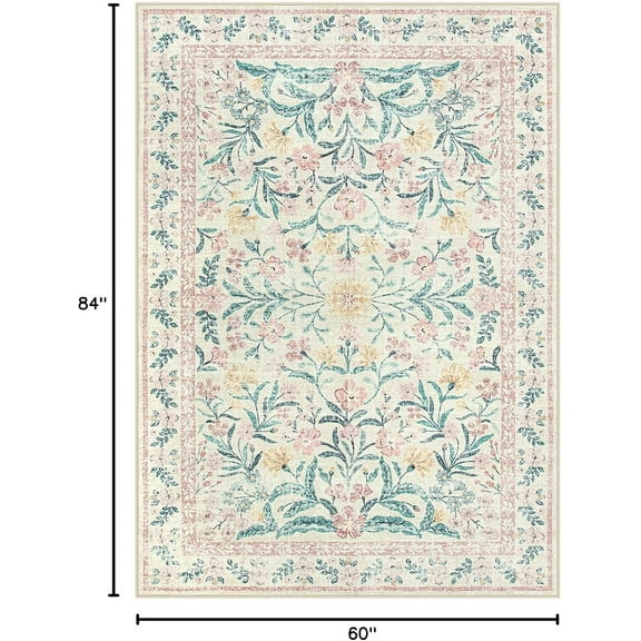 Floral Pink Rugs for Bedroom Girls, Washable 5x7 Large Area Rug for Living Room Non Slip, Vintage Low-Pile Indoor Floor Boho Flower Carpet for Kids Nursery Playroom, Light Pink&Green