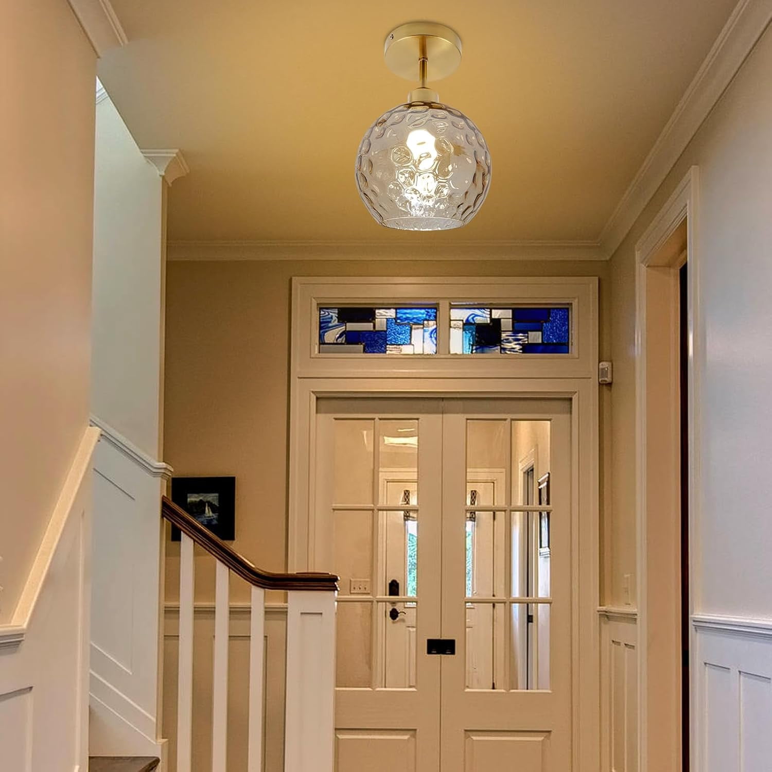 7.87" Semi Flush Mount Ceiling Light Fixtures, Vintage Ceiling Light Mid Century Close to Ceiling Light Dimmable Glass Shade Modern Ceiling Lamp for Hallway Bedroom Gold