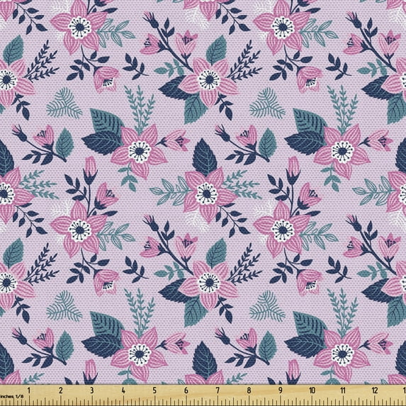 Floral Upholstery Fabric by the Yard, Spring Themed Pattern with Doodle Flowers, Decorative Fabric for DIY and Home Accents, Purple Slate Blue by Ambesonne