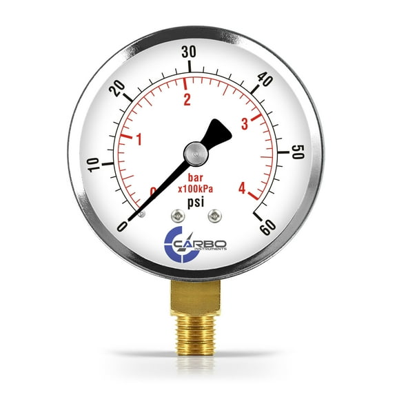 CARBO Instruments 2- 1/2" Pressure Gauge, Chrome Plated Steel Case, Dry, 0-60 psi/kPa, Lower Mount 1/4" NPT