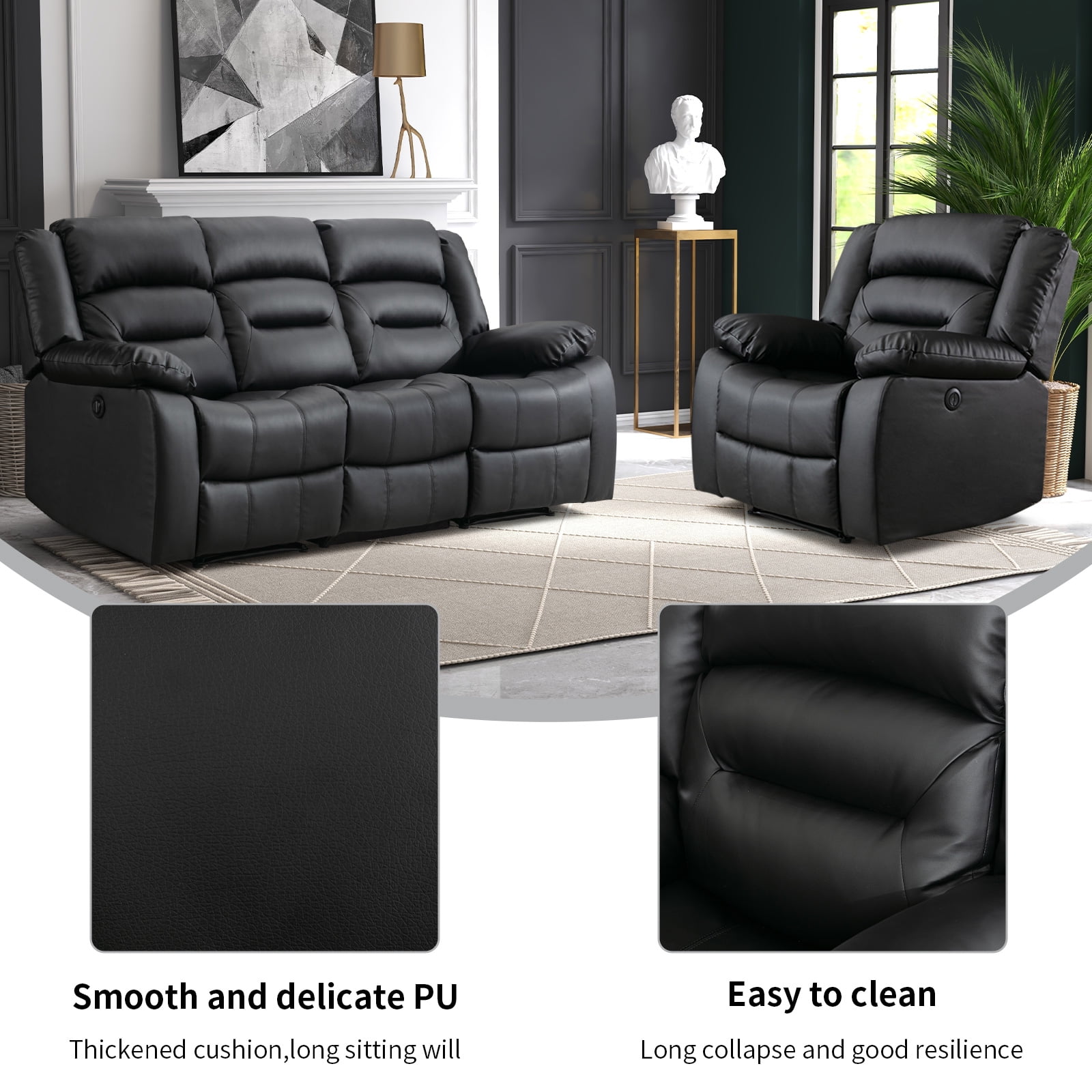 Bonzy Home Faux Leather Power Recliner Sofa Set, Electric Reclining Chair, Loveseat, and 3-Seat Sofa for Living Room, Bedroom, Office, Black