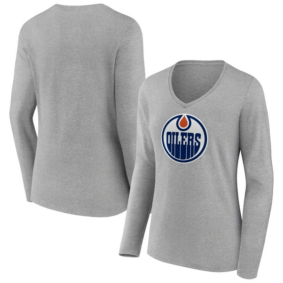 Women's Heather Gray Edmonton Oilers Primary Logo Team Long Sleeve V-Neck T-Shirt