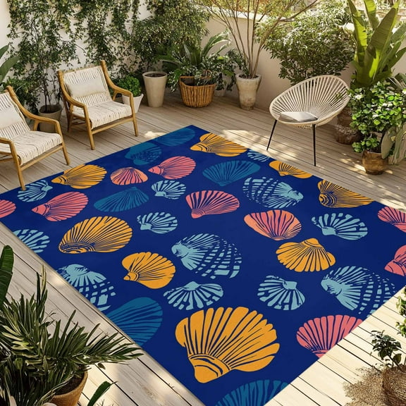 Fsddascl Colorful Shell Outdoor Rug for Patio/Deck/Porch, Non-Slip Large Area Rug 4 x 6 Ft, Navy Blue Summer Beach Coastal Indoor Outdoor Rugs Washable Area Rugs, Reversible Camping Rug Carpet