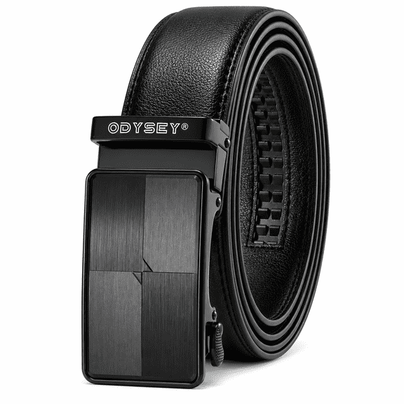 Odysey Men's Premium Ratchet Leather Belt – Automatic Buckle Adjustable Black Belt (BLK08) 28"-32"