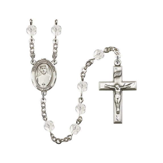 St. Maria Faustina Silver-Plated Rosary 6mm April Crystal Fire Polished Beads Crucifix Size 1 3/8 x 3/4 medal charm