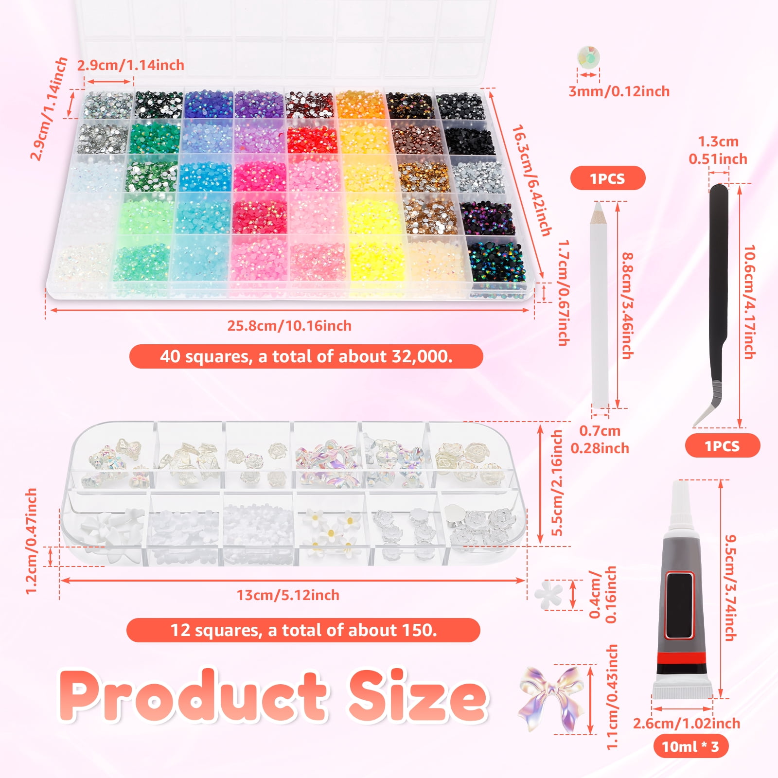 Threns 40 Colors Resin Rhinestone for Bedazzling 0.12in 32000 Pcs Flatback Rhinestone for Crafting Bedazzling Kit with 3Pcs B7000 Glue for Clothing Shoes Nail Book Diamond Art