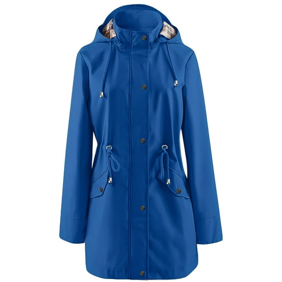 Htigea Raincoat for Women Waterproof Windbreaker Mid-Length Drawstring Waist Hooded Coat Plus Size Outdoor Active Windproof Jacket with Pockets Blue 4XL
