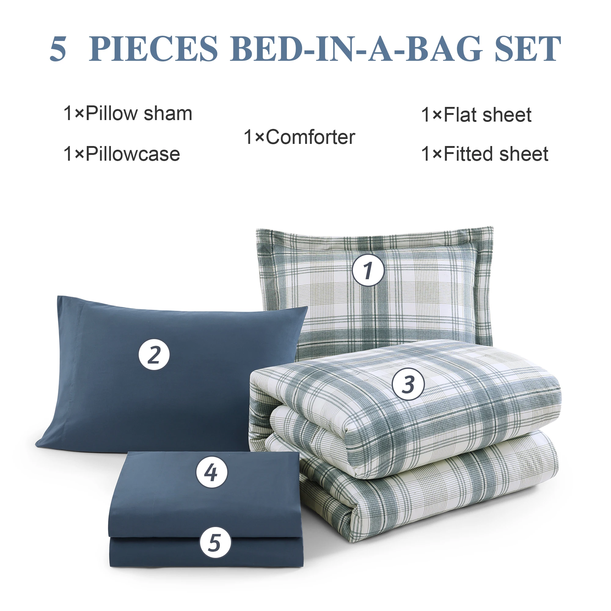 Amberspace Reversible Checkered 5-piece Bed in a Bag Comforter Set with Sheets,Blue Grey,Twin XL